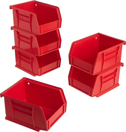 Akro-Mils Plastic Storage Bins - Space-Saving Stackable Organizers for Garage & Pantry | 5" x 4" x 3", Red, 6-Pack