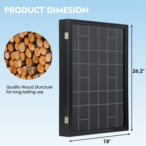 Furnishh 36 Slots Shot Glass Display Case with Lockable Door, Solid Wood Cabinet Collection Holder Wall Mounted Shot Glass Display Storage Box with Removable Shelves, 18"x26", Black