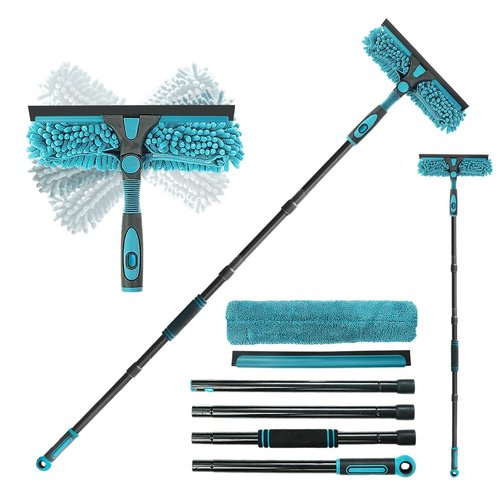AIDELY 62" Window Squeegee, 2 in 1 Window Cleaning Tool with Telescopic Pole, Rotatable and Bendable Head for High Windows Indoor Outdoor, Includes 2 Blades & 2 Pads (Microfiber+Pads)
