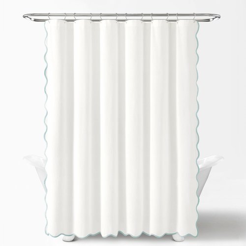 Lush Decor Coastal Chic Scallop Edge Linen-Textured Shower Curtain, Single 72" W x 72" L, Blue & White - Scalloped Shower Curtains - Coastal Bathroom Curtain