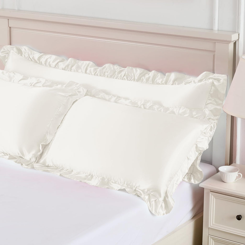 NSGZ Ruffled Satin Pillowcase Set of 2, Standard Size Silky Pillow Shams for Hair and Skin Care, Ivory White Satin Pillow Covers with Envelope Closure, Anti Wrinkle Pillow Cases for Classic Room Decor