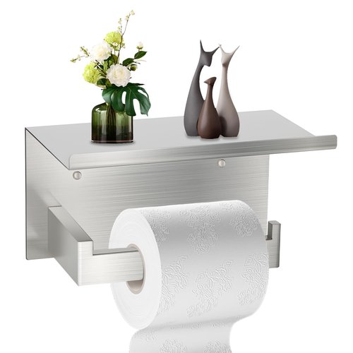 Aneder Wall Mounted Toilet Paper Holder with Shelf, Brushed Nickel Bathroom Tissue Roll Holder Storage Organizer for Phone, Book, Plant, Extra Roll, Easy Mount Hardware Included