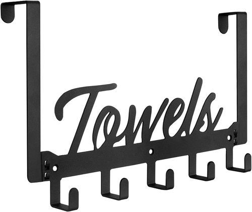Azmoncy Over The Door Hooks - Heavy Duty Towel Rack with 5 Coat Hooks | Black, Ideal for Bathroom & Kitchen