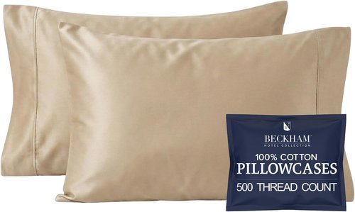 Beckham Hotel Collection Pillowcases - Queen Size Set of 2 | Cool Touch Cotton Sateen, 500TC, Silky Smooth, Sand
