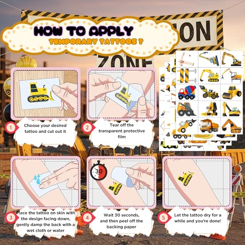 VNXCRAFTIES Construction Temporary Tattoos for Kids Birthday Party Favors