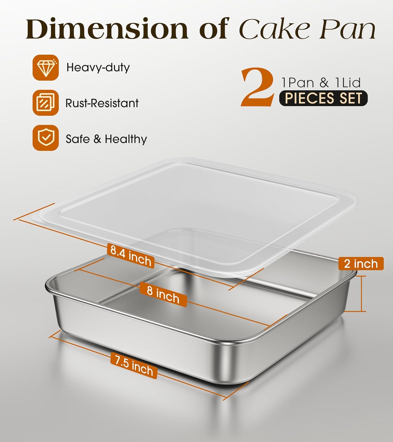 Regine Switzerland 8x8-Inch Stainless Steel Baking Pan - Heavy Duty, Non-Toxic & Dishwasher Safe