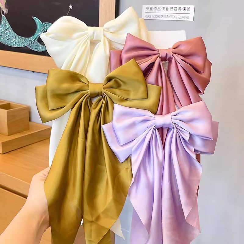 Jumbo Yellow Satin Hair Bow Clip with Long Tails French Barrette