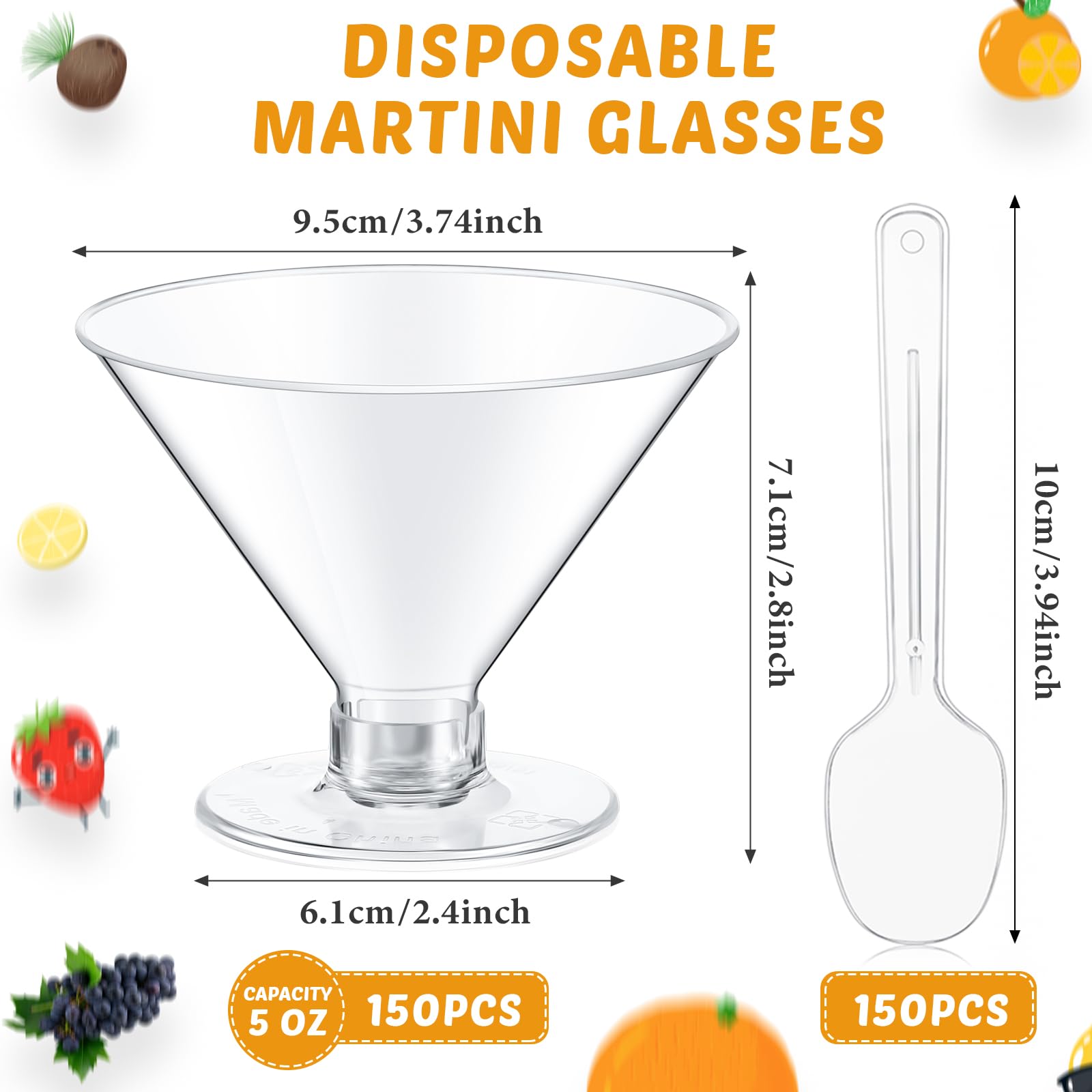 Yinkin 150 Cups and 150 Spoons Plastic Martini Glasses Disposable Cocktail Glasses Mini Martini Plastic Cups Dessert PVC Shot Unbreakable with Spoons for Weddings Party Wine Food (Clear,5 oz)