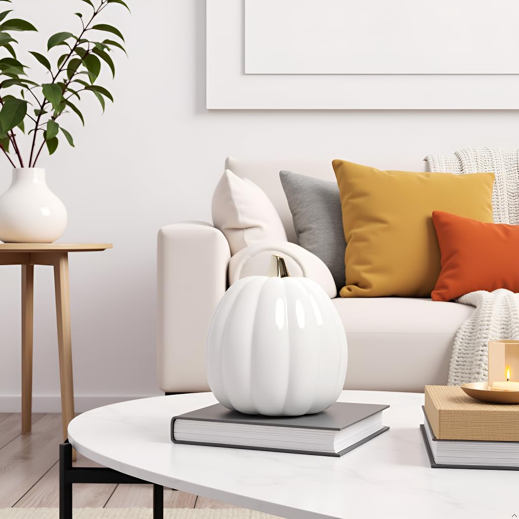 Pearhead Ceramic Pumpkin Fall Decor with Gold Stem, White
