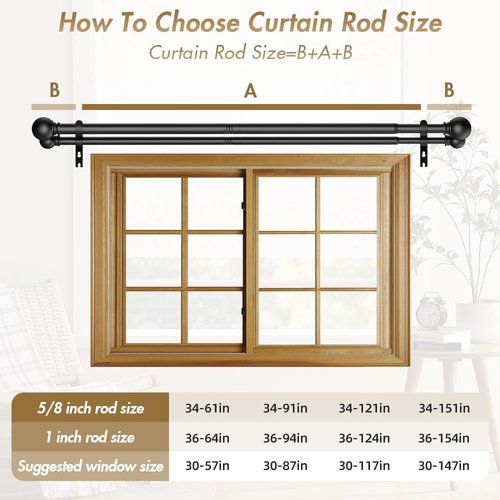 GXOACKJ Double Curtain Rods - Adjustable 36 to 90 Inch Heavy Duty Drapery Rods with Round Finials - Black
