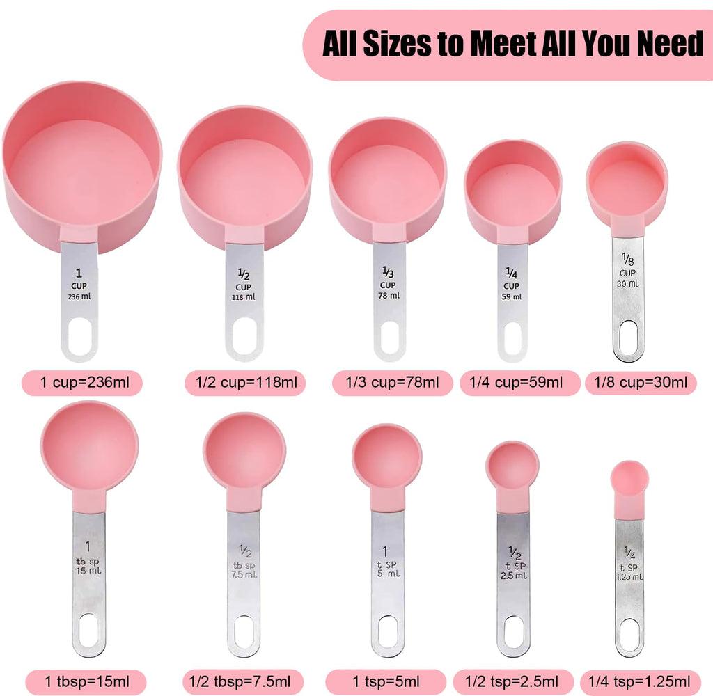 Measuring Cups and Spoons Set, 10-Piece Stackable Kitchen Tools with Stainless Steel Handles, Nesting Measurement Gadgets for Cooking & Baking (pink)
