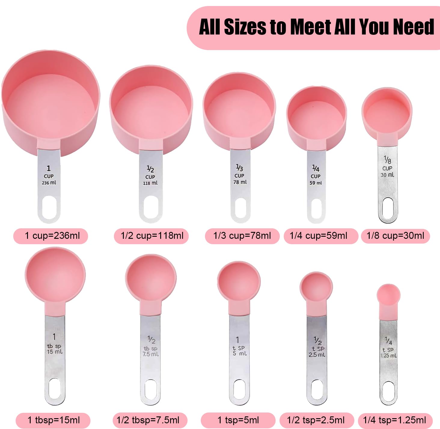 Measuring Cups and Spoons Set, 10-Piece Stackable Kitchen Tools with Stainless Steel Handles, Nesting Measurement Gadgets for Cooking & Baking (pink)