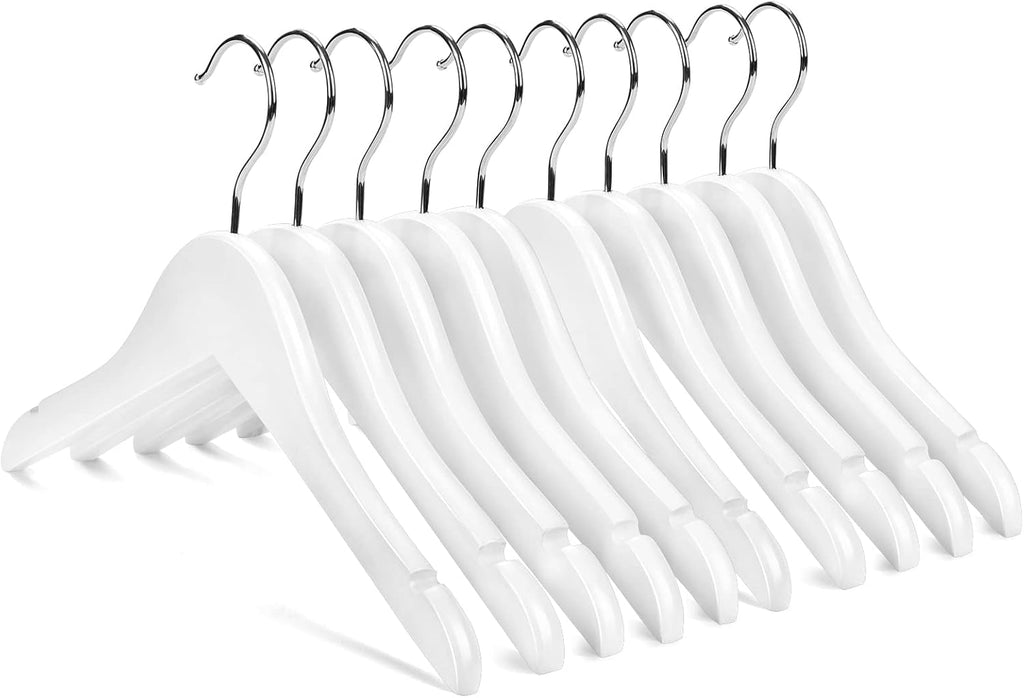 Nature Smile Wooden Shirt Coat Hangers for Kids - Anti-Rust Chrome Hooks | Pack of 10 (White)