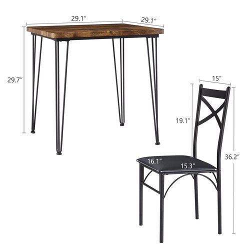 VECELO 3-Piece Dining Table Set for Home Kitchen Small Space Breakfast Nook, 2 Faux Leather Metal Frame Chairs,Brown,Set for 2