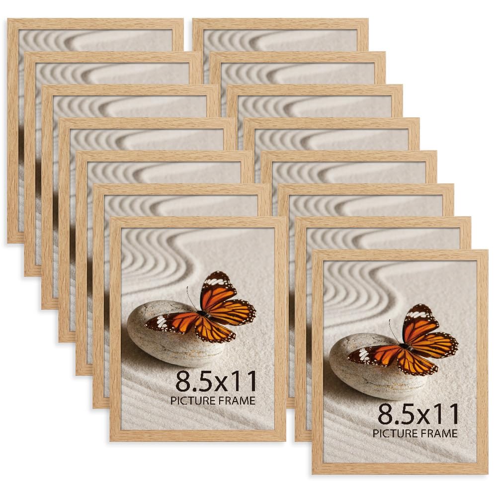 Memory Island 8.5x11 Document Certificate Frames for Wall and Tabletop Display, 8.5 by 11 Natural Wood Grain Picture Frames with HD Plexiglass, Set of 15
