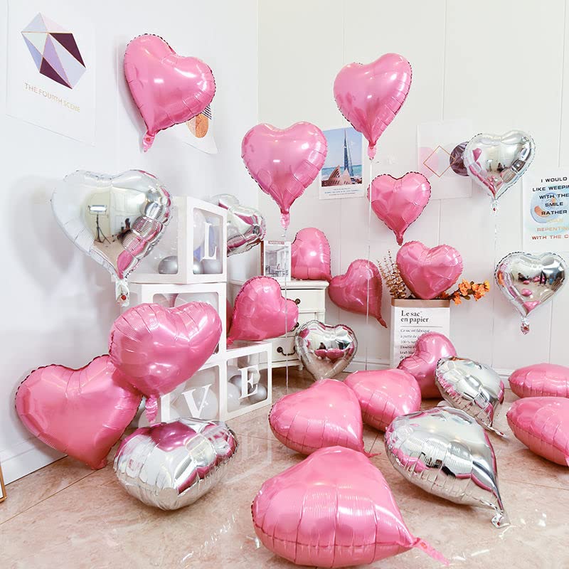 Larber 20PCS 18" Pink & Silver Heart Foil Balloons for Party Decor