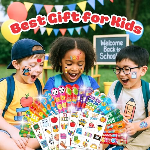 144PCS Back to School Party Favors with Temporary Tattoos & Slap Bracelets