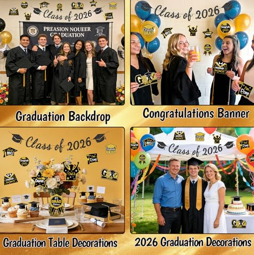 Class of 2026 Graduation Decorations Kit - Black & Gold Banner & Cutouts