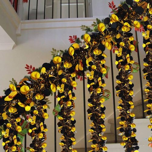 Gold Black Party Decorations - 26.4 Ft Black Gold Tinsel Garland Shiny Hanging Metallic Tinsel Ornaments for Graduation Birthday Christmas New Year Eve Party Supplies