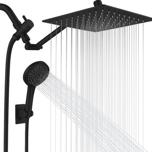 Peicuai Shower Head Combo, 10-Inch High-Pressure Rainfall Shower Head with 11-Inch Adjustable Extension Arm, 5-Setting Matte Black Handheld Shower with Long Hose, Powerful Spray for Low Water Pressure