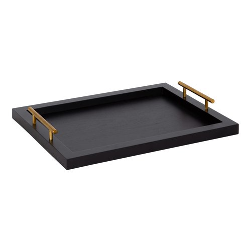 Kate and Laurel Halsey Rectangle Decorative Wooden Tray with Polished Metal Handles; 17 x 13; Black and Gold; Modern Glam Wood Rectangular Serving Tray for Display or Decoration