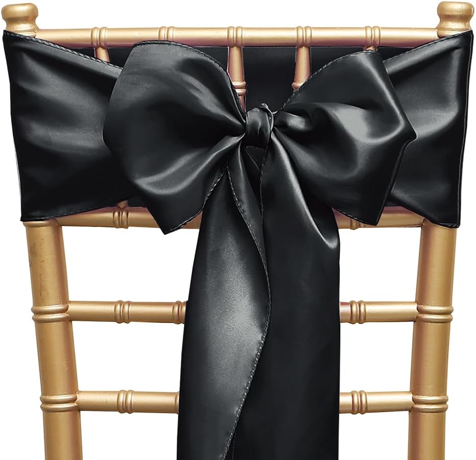 Skiennix Satin Black Chair Sashes - 7" x 108" Universal Ties for Weddings & Events | 50 Pack