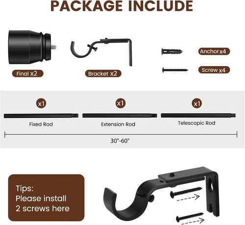 Hradecti Matte Black Curtain Rod - Heavy Duty Adjustable 30-60 Inch for Windows & Sliding Doors