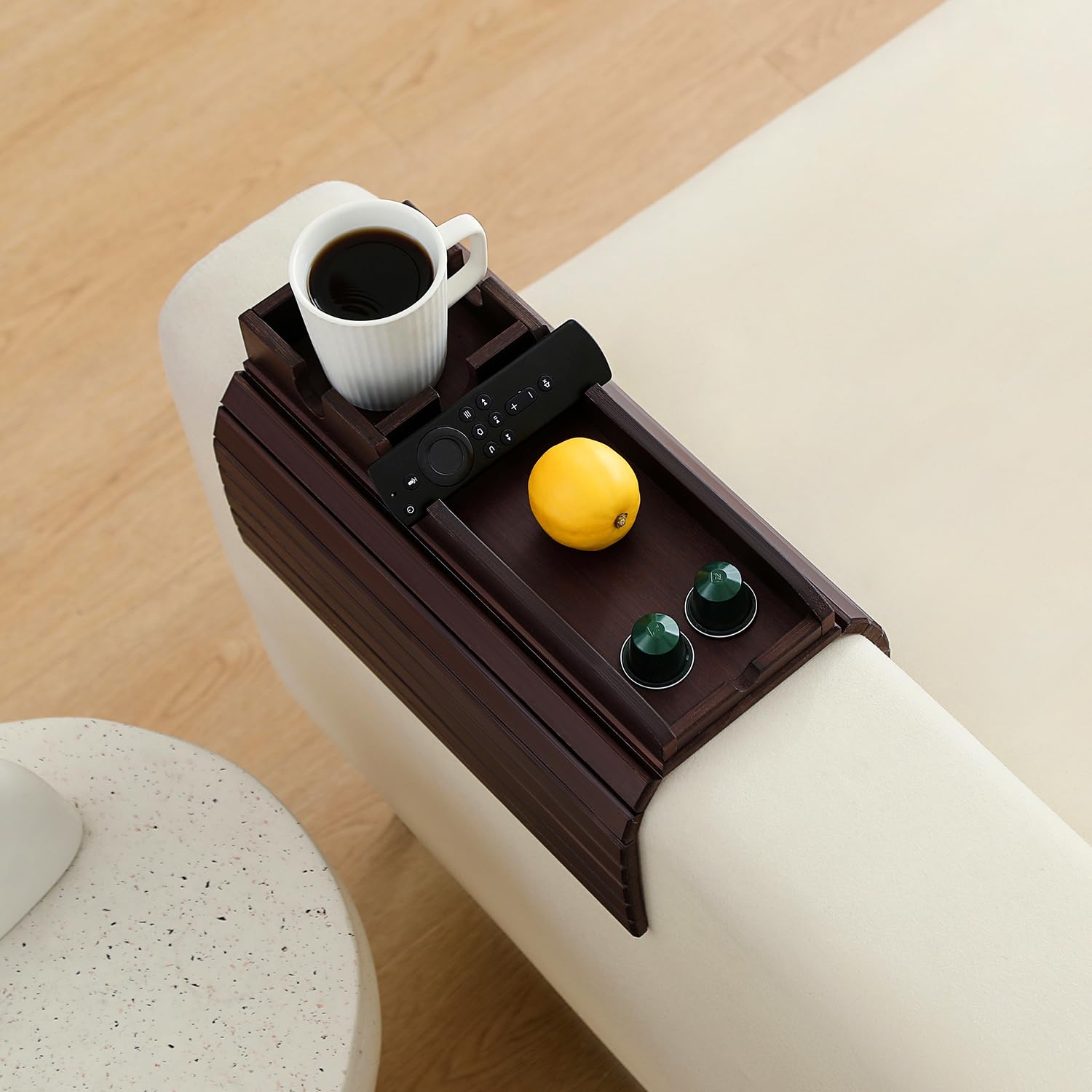 HNLISA Bamboo Couch Cup Holder Arm Tray Table，Foldable Couch Drink Holder Armrest Table，Sofa Arm Rest Tray，Flexible Arm Chair Table Recliners for Drink,Cups, Snacks, Phone, Remote (Mahogany)