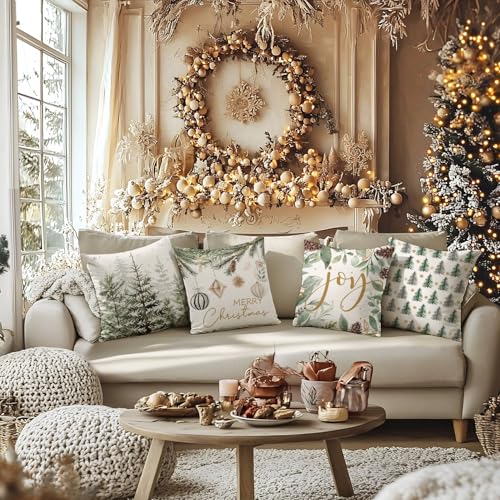 Artmag Merry Christmas Tree Pillow Covers, 18x18 Inch Set of 4