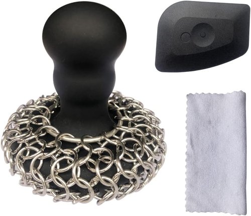 316 Chainmail Scrubber by [Brand Name] - Ergonomic Silicone Handle for Easy Cast Iron Cleaning | Dishwasher Safe, Black