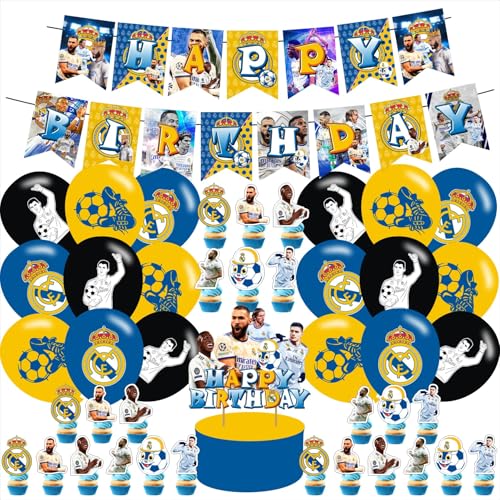 Real Madrid Football Birthday Party Supplies Set - Cake Topper, Banner & Balloons