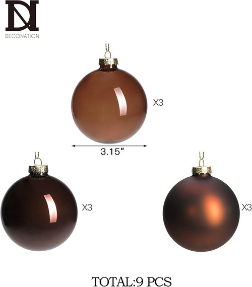 DN DECONATION Brown Glass Christmas Ball Ornaments - Set of 9 Hanging Baubles for Tree Decoration