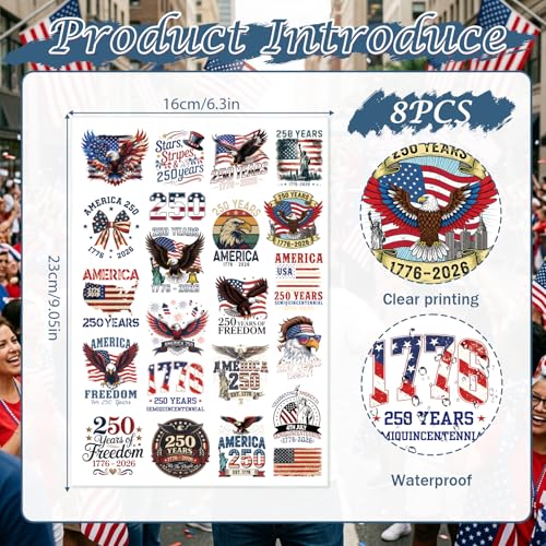 250th Anniversary Temporary Tattoos - 8 Sheets Patriotic USA Stickers