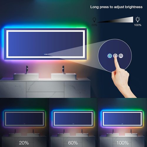 LOAAO RGB LED Bathroom Mirror - 84x32 Inch Dimmable Anti-Fog Vanity Mirror with Colorful Light Modes