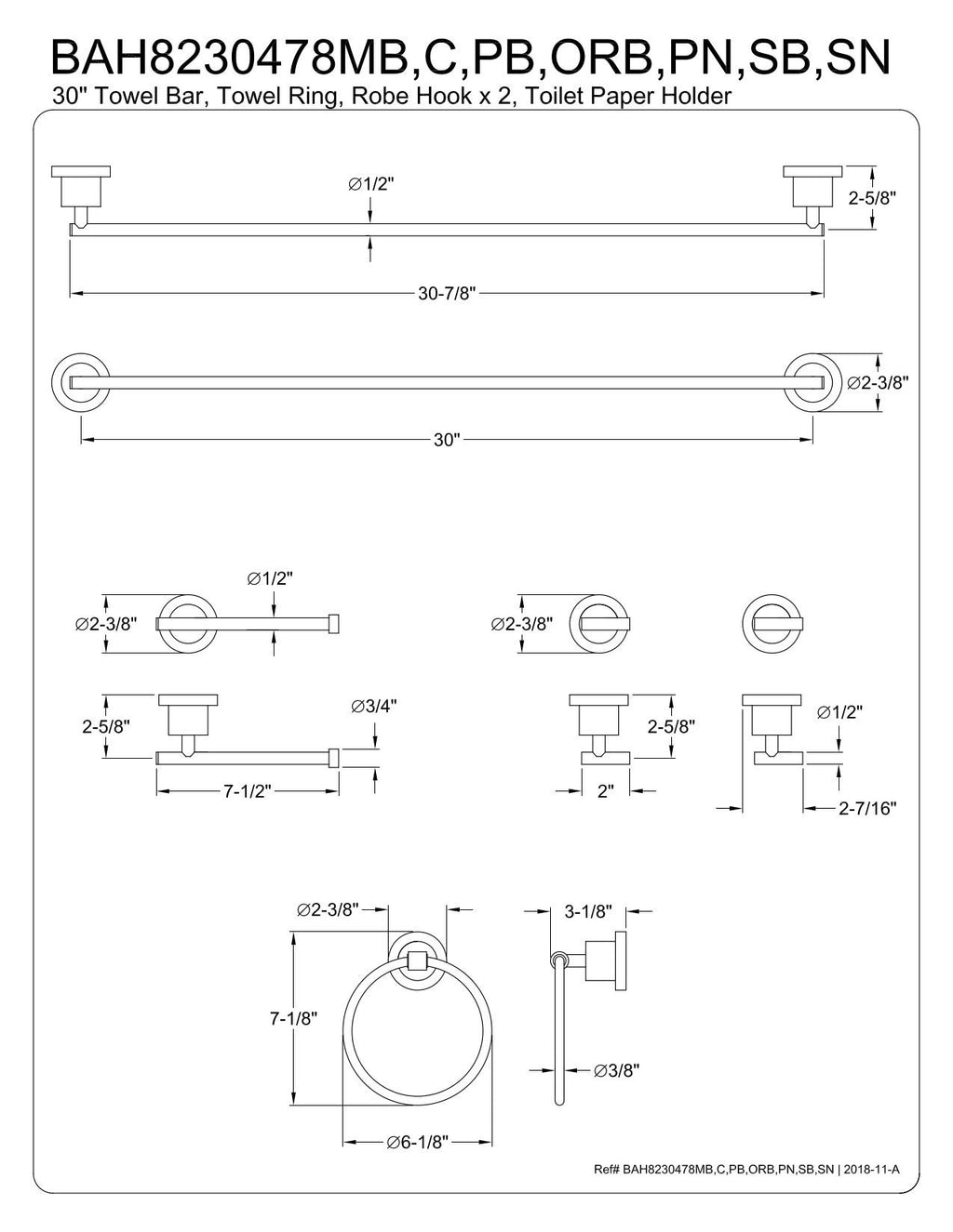 Kingston Brass BAH8230478C Concord 5-Piece 30-Inch Towel Bar Bathroom Accessory Set in Polished Chrome