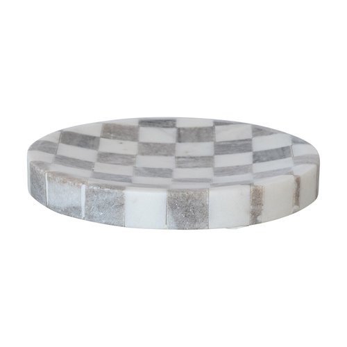 Bloomingville Round Marble Checkered Cheese and Serving Tray, Buff Color and White