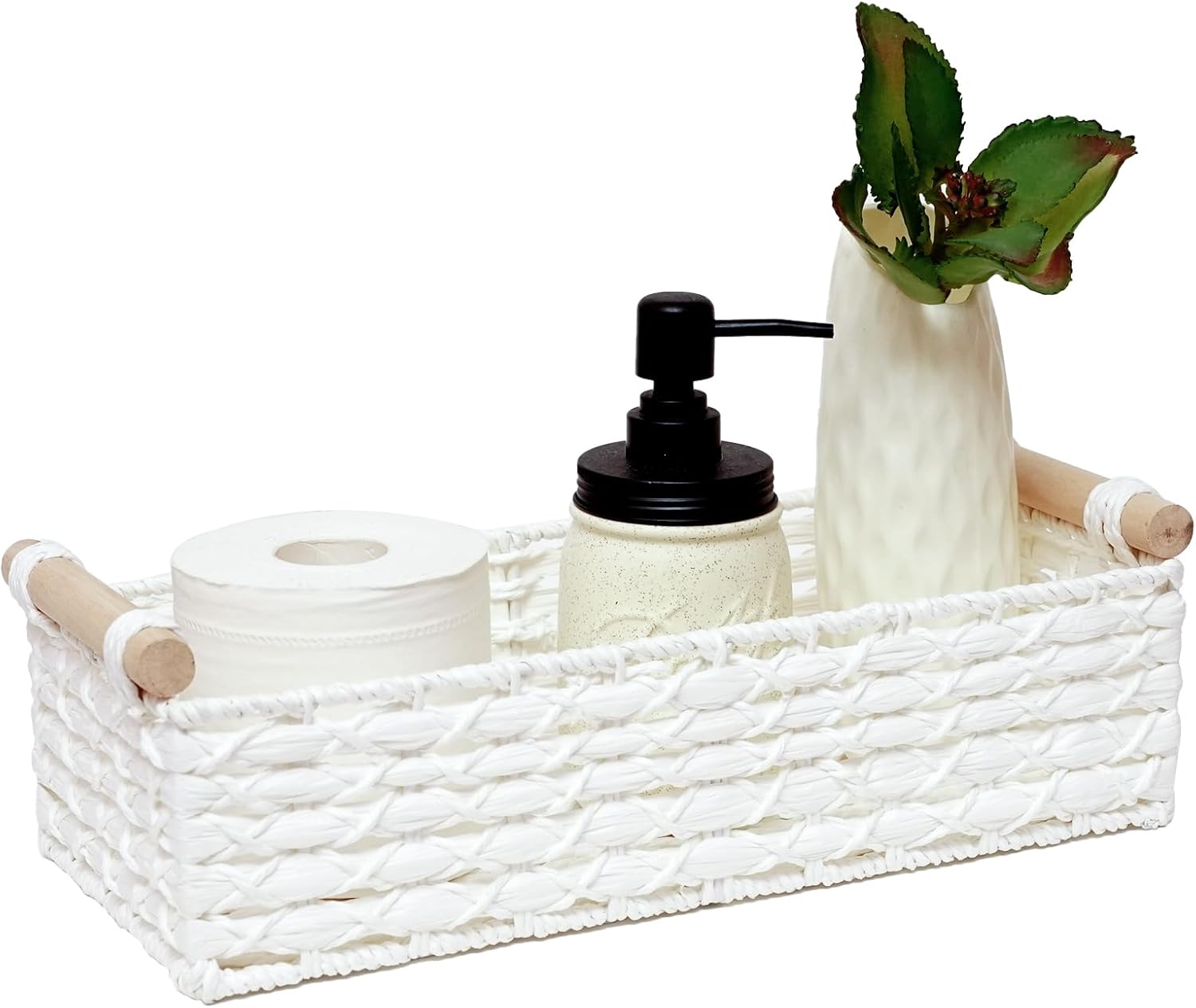 Skiennix Small Wicker Storage Basket - Decorative Organizing Bin with Handle | White Set for Countertop & Bathroom