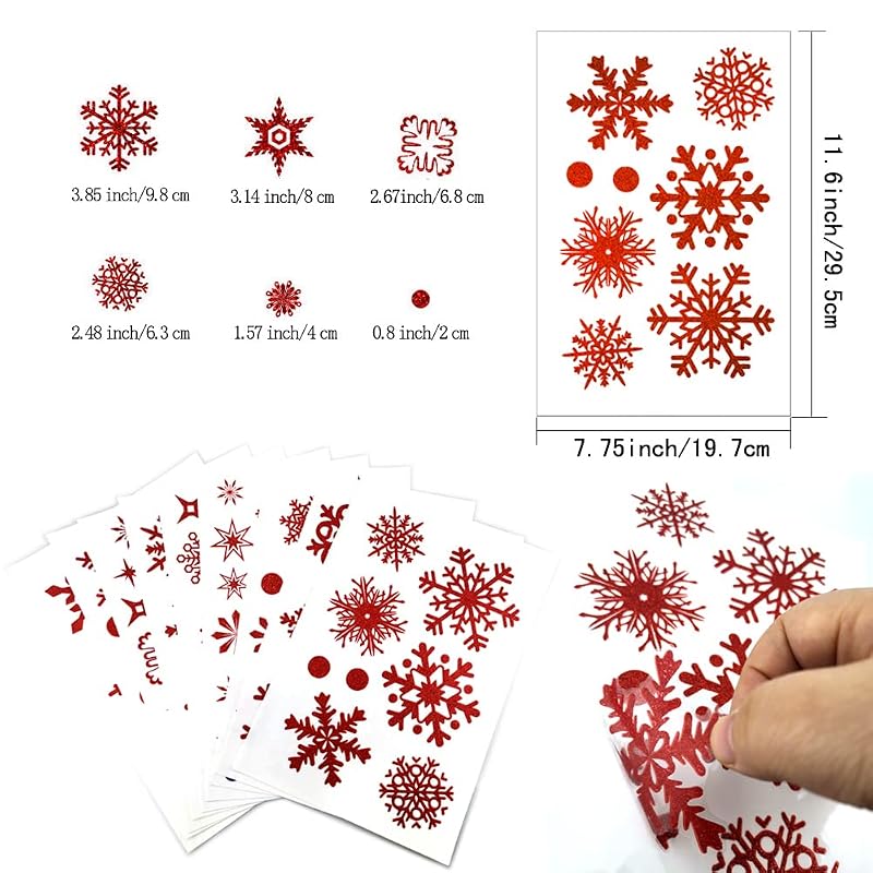 Glitter Red Snowflake Window Clings - 9 Sheets Electrostatic PVC Xmas Decor