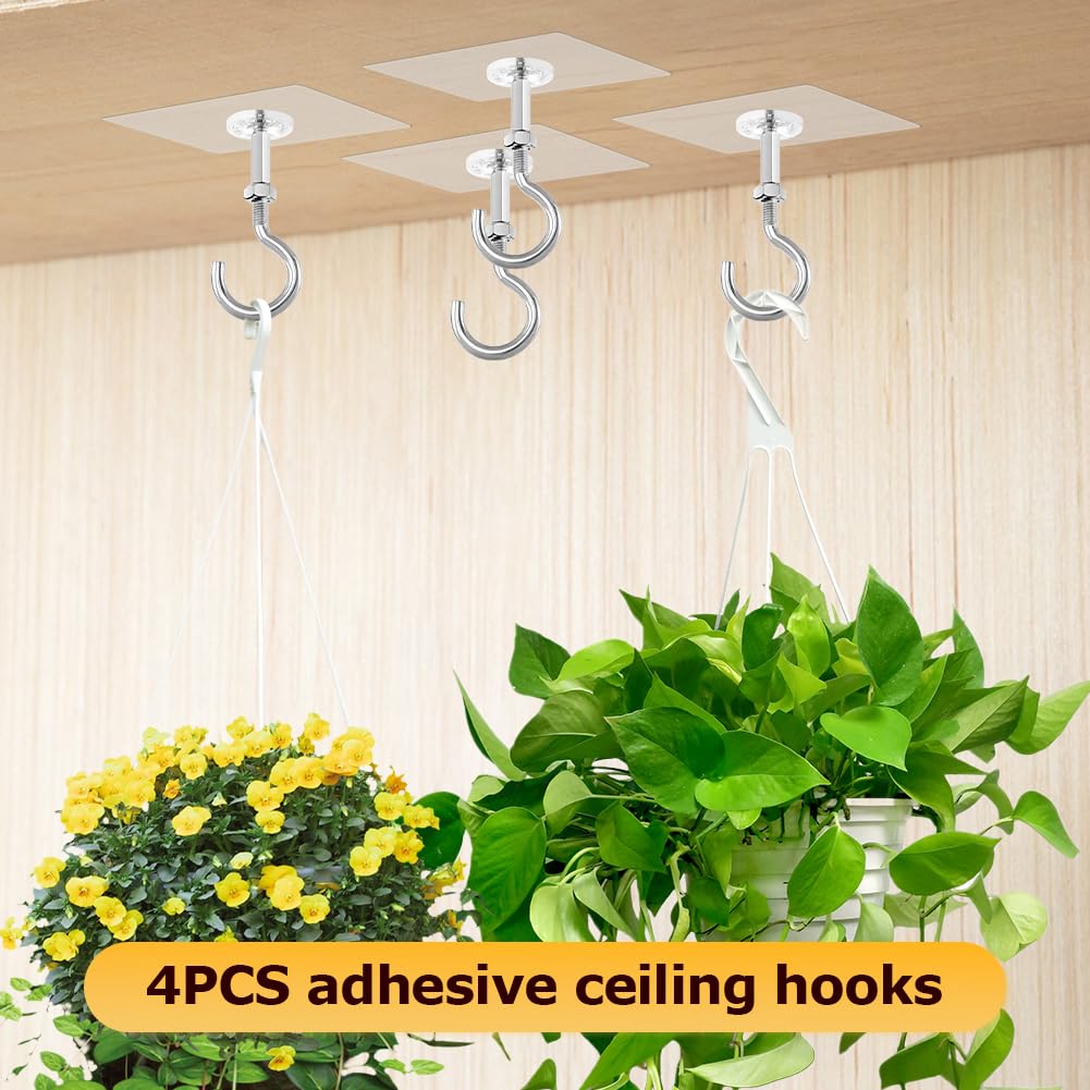 YOSINXU 4 Pack Adhesive Ceiling Hooks, 30lbs Heavy Duty Ceiling Hooks for Hanging Plants, No Drilling Wall Hook Sticky Hanger for Hanging Lights, Wind Chimes, Lantern