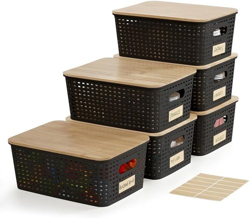 Bagnizer Small Plastic Storage Bins - Stackable Decorative Containers with Bamboo Lids | 5.2qt, Black, Set of 6