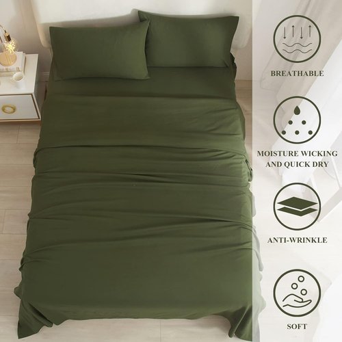 HighBuy Queen Sheet Set - Luxury Hotel-Quality Cooling Bedding - 4 Pieces, Army Green, 16'' Deep Pocket