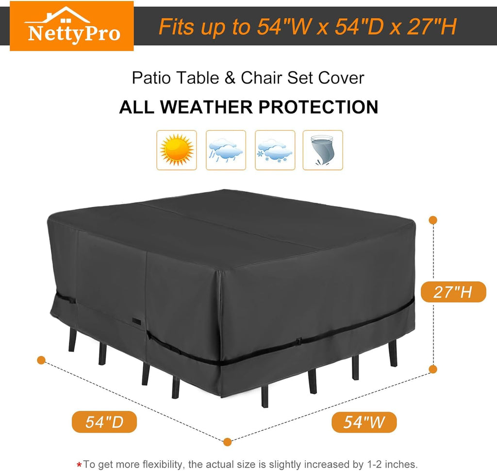 NettyPro Patio Table Cover - Waterproof 54 x 54 Inch Square Outdoor Furniture Protector | Black