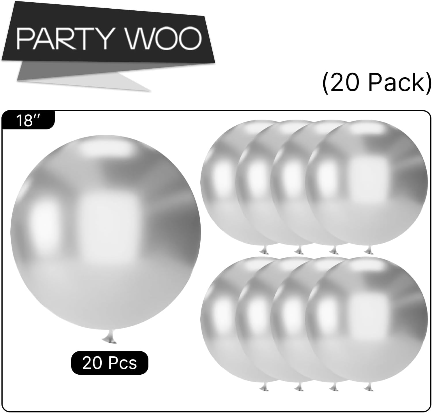PartyWoo Silver Balloons - 20pcs 18 Inch Helium Latex Balloons for Weddings & Celebrations