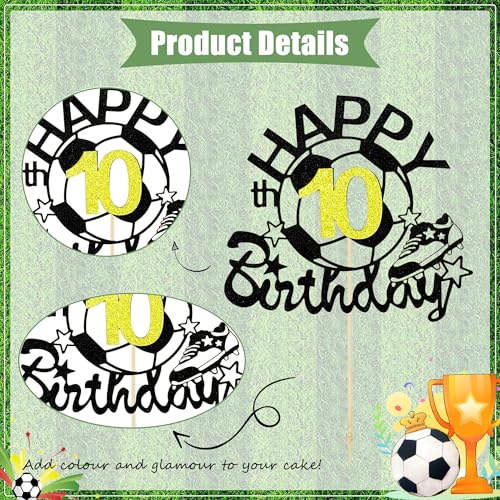 Black Soccer Happy 10th Birthday Cake Topper - Glitter Decor