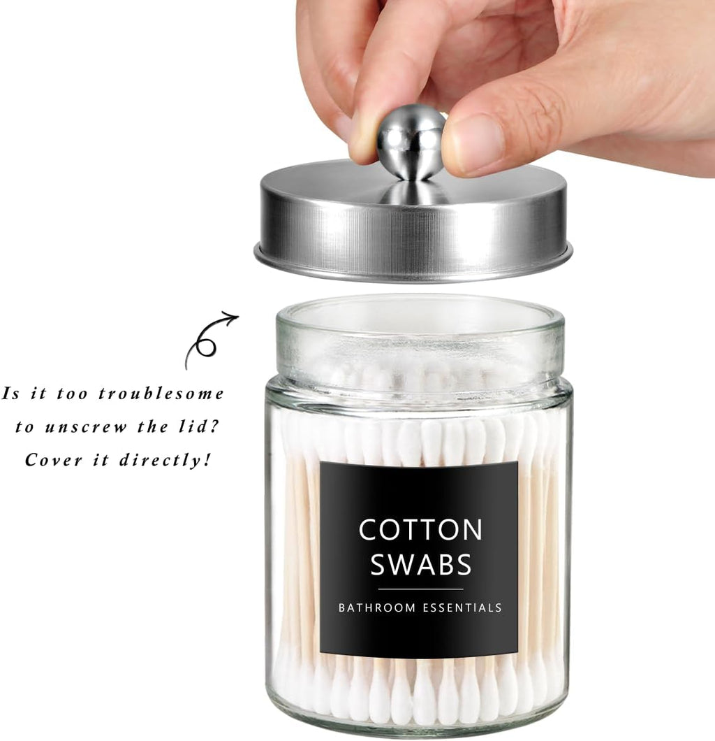 SheeChung Glass Qtip Holder Dispenser - Rust-Proof Stainless Steel Apothecary Jars | Sleek Bathroom Organizer for Cotton Swabs (Brushed Nickel) - 4-Pack