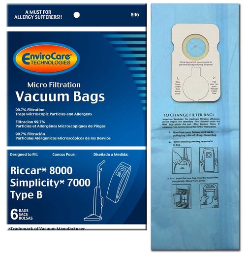EnviroCare Replacement Micro Filtration Vacuum Cleaner Dust Bags made to fit Riccar 8000 Simplicity 7000 Type B 6 pack