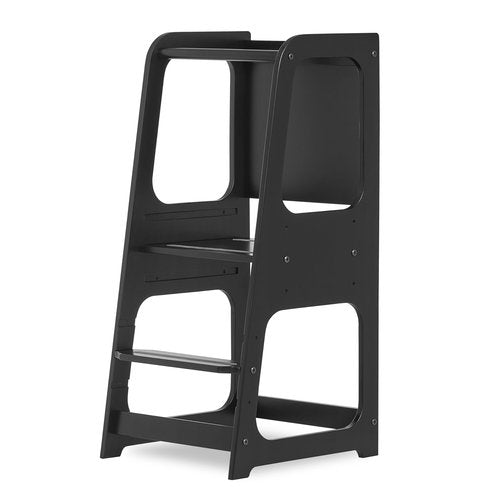 Dream On Me Explora Tower & Step Stool in Black – Solid Pinewood Kids Tower with 3 Adjustable Heights, Anti-Slip Base, Chalkboard for Creative Play