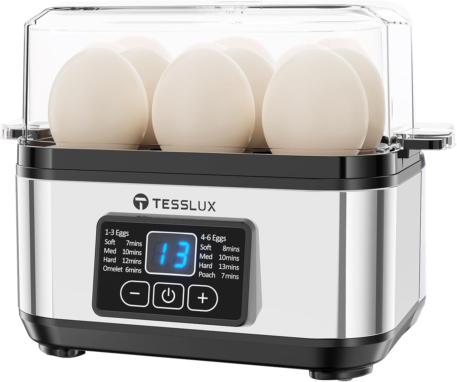 Tesslux Electric Egg Cooker - 6 Egg Capacity for Hard Boiled, Poached, Scrambled Eggs | Auto Shut Off, Silver