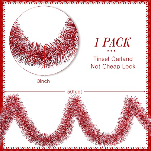 Christmas Tinsel Garland 50 Feet - Red & White Holiday Decor, Flexible & Fluffy