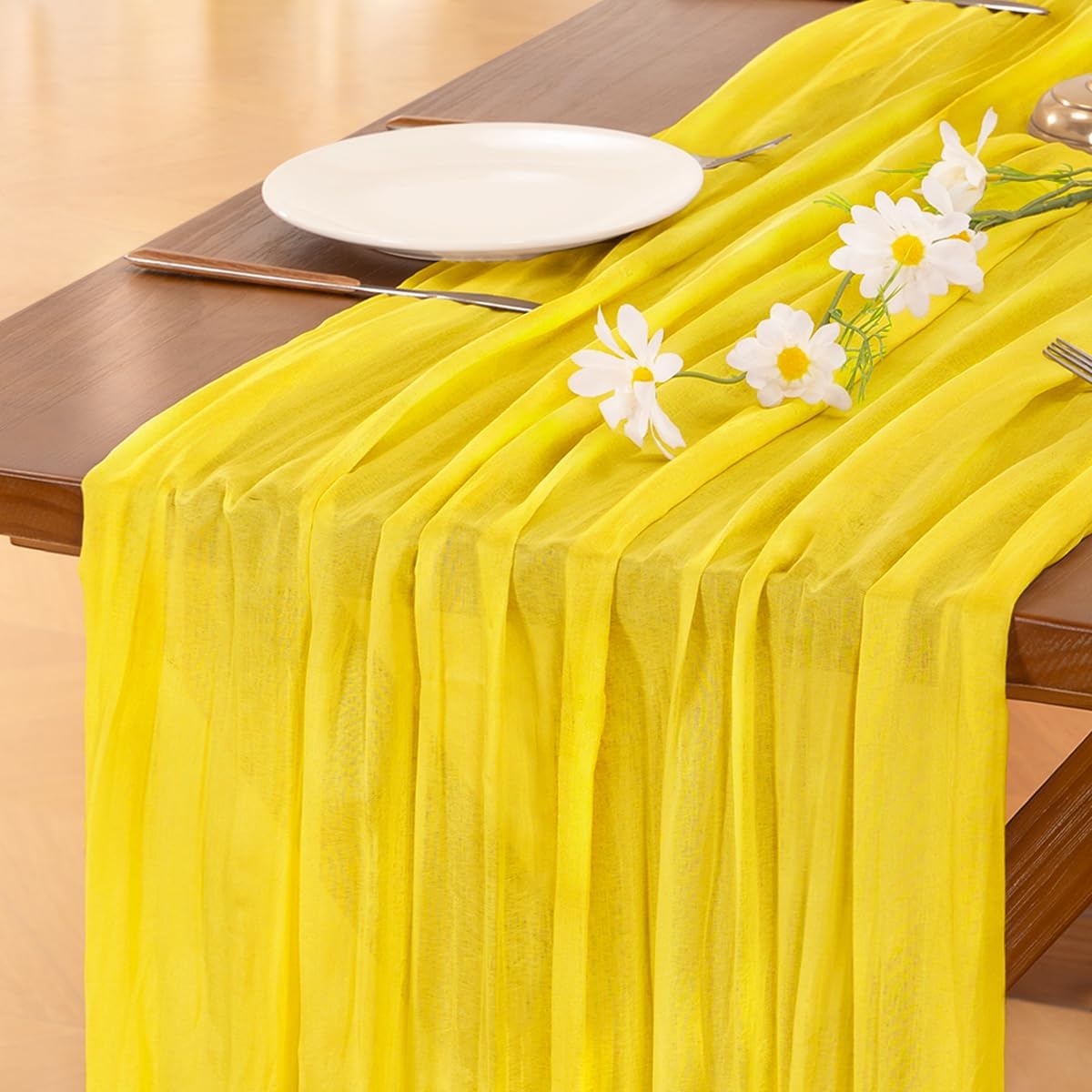 Socomi Cheesecloth Table Runner - 120 Inch Yellow Spring Boho Rustic Style for Weddings & Events